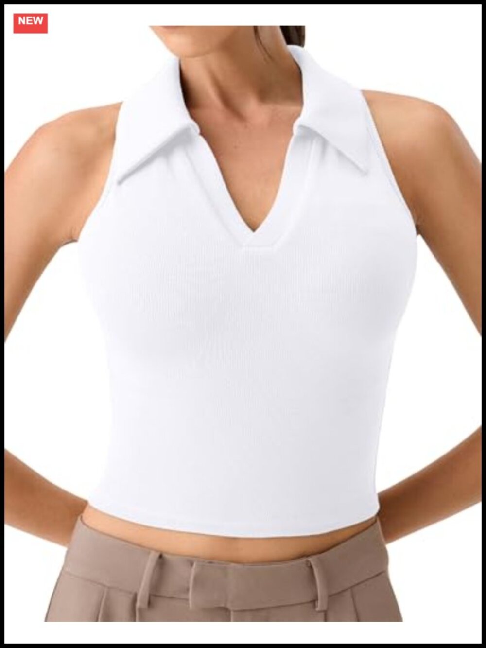Women's Polo V-Neck Ribbed Knit Tank with Built-In Bra
